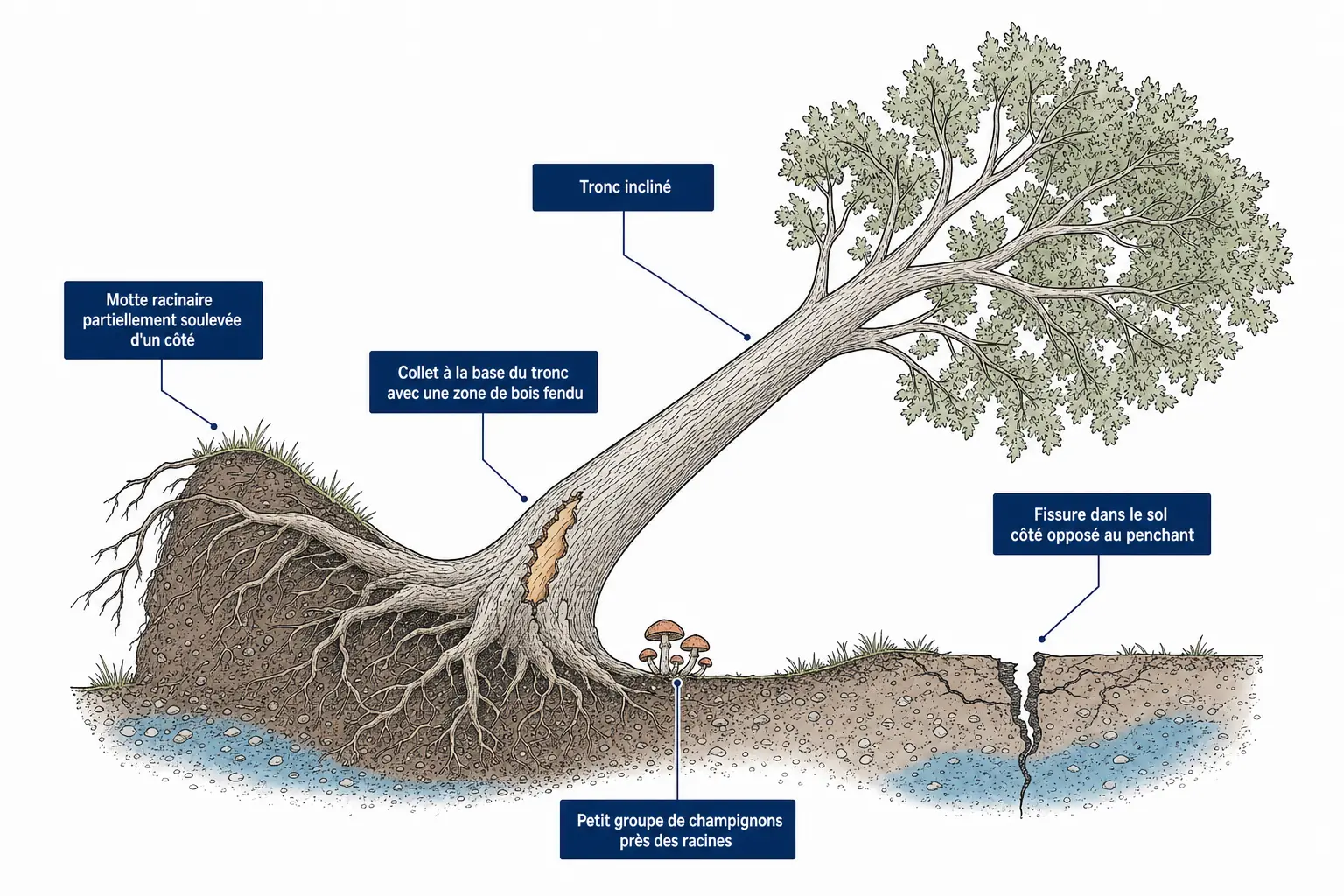 Coupe schématique d'un arbre incliné montrant le sol fissuré, les racines soulevées et le collet fragilisé.