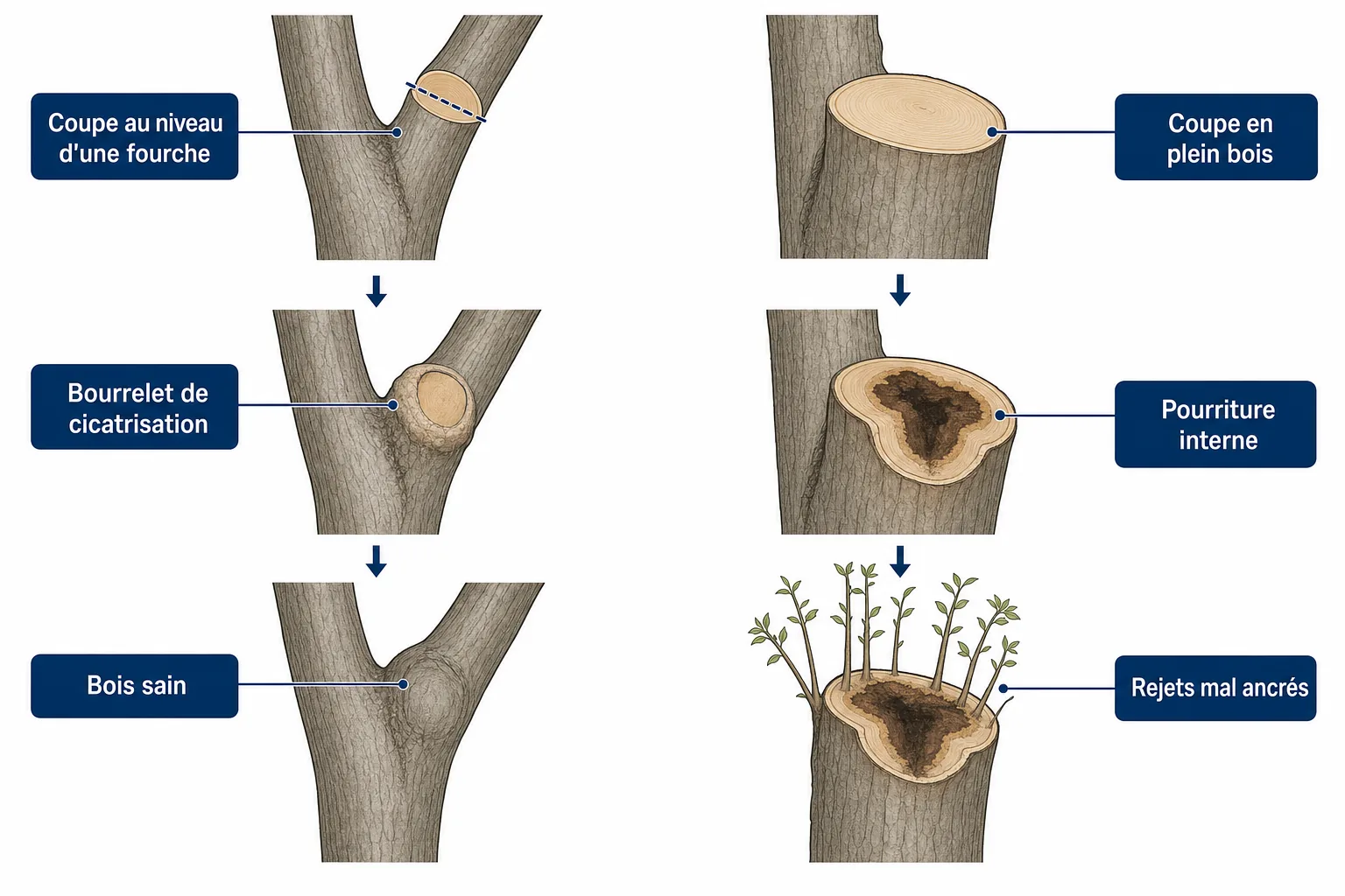 Schéma comparant une taille de réduction au niveau d'une fourche et un étêtage en plein bois, avec leurs conséquences dans le temps