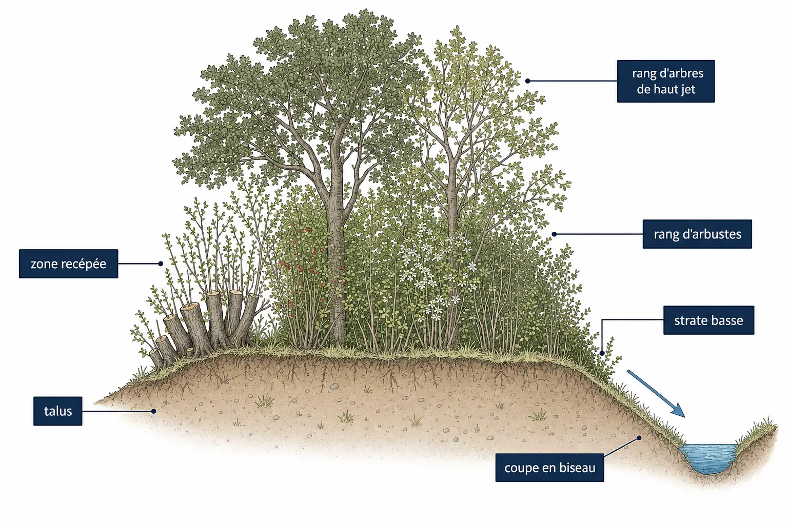 Coupe schématique d'une haie bocagère sur talus montrant les rangs d'essences et une zone recépée