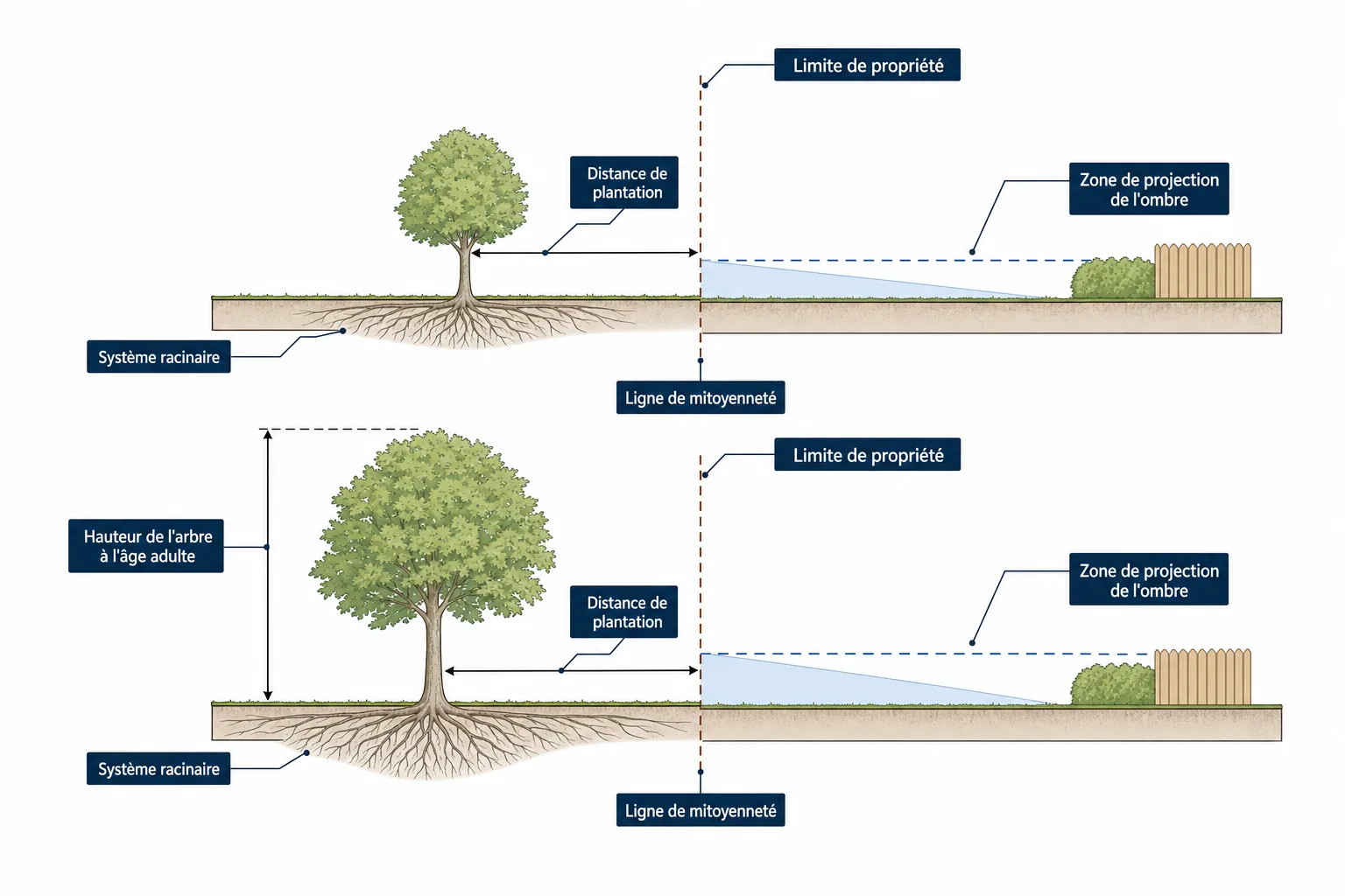 Schéma en coupe illustrant la distance de plantation d'un arbre selon sa hauteur par rapport à une limite de propriété