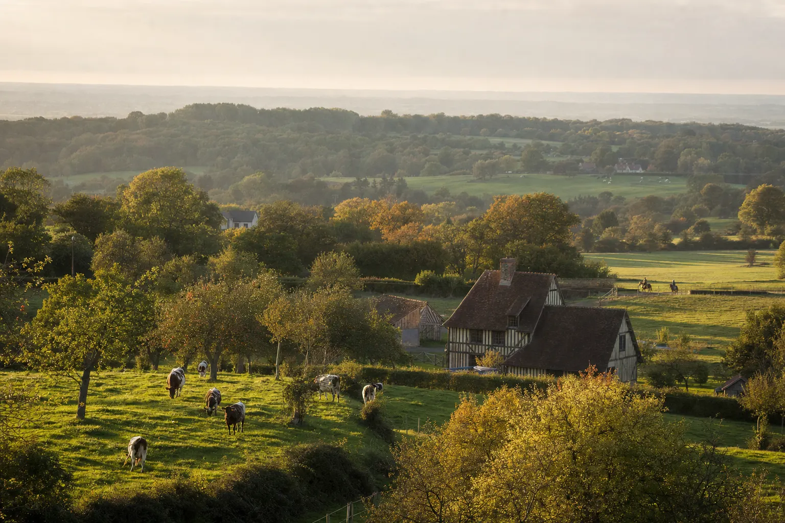 Bocage du Pays d'Auge : haies denses, vergers et ferme à colombages