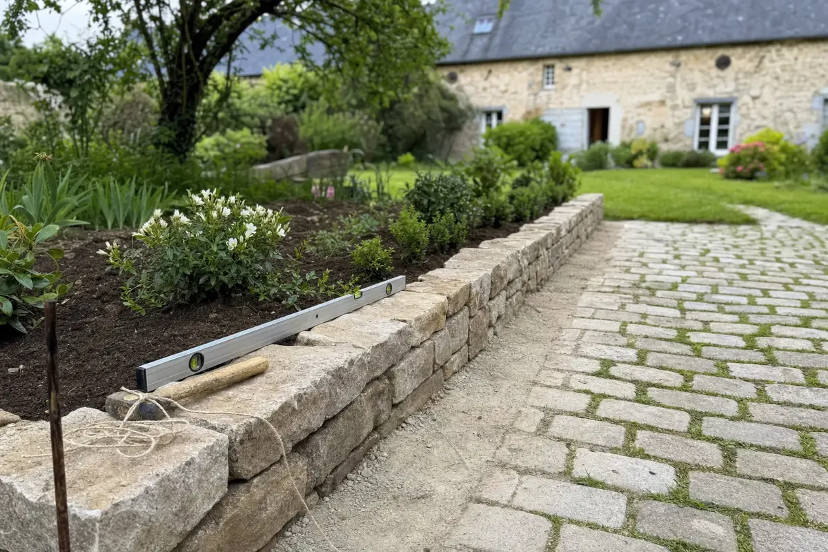 Illustration : muret bas en pierre bordant un massif et allée pavée devant une longère