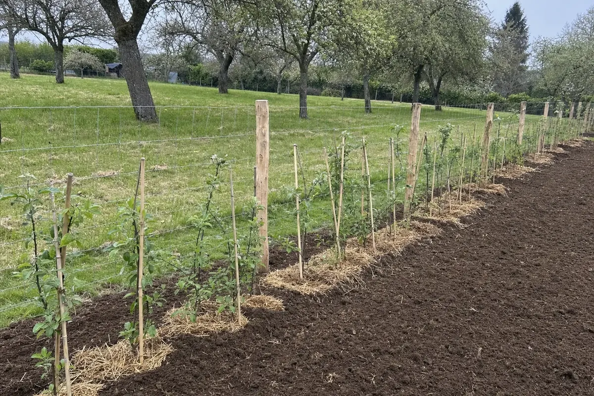 Illustration : jeune haie champêtre plantée et paillée le long d'une clôture de piquets et grillage